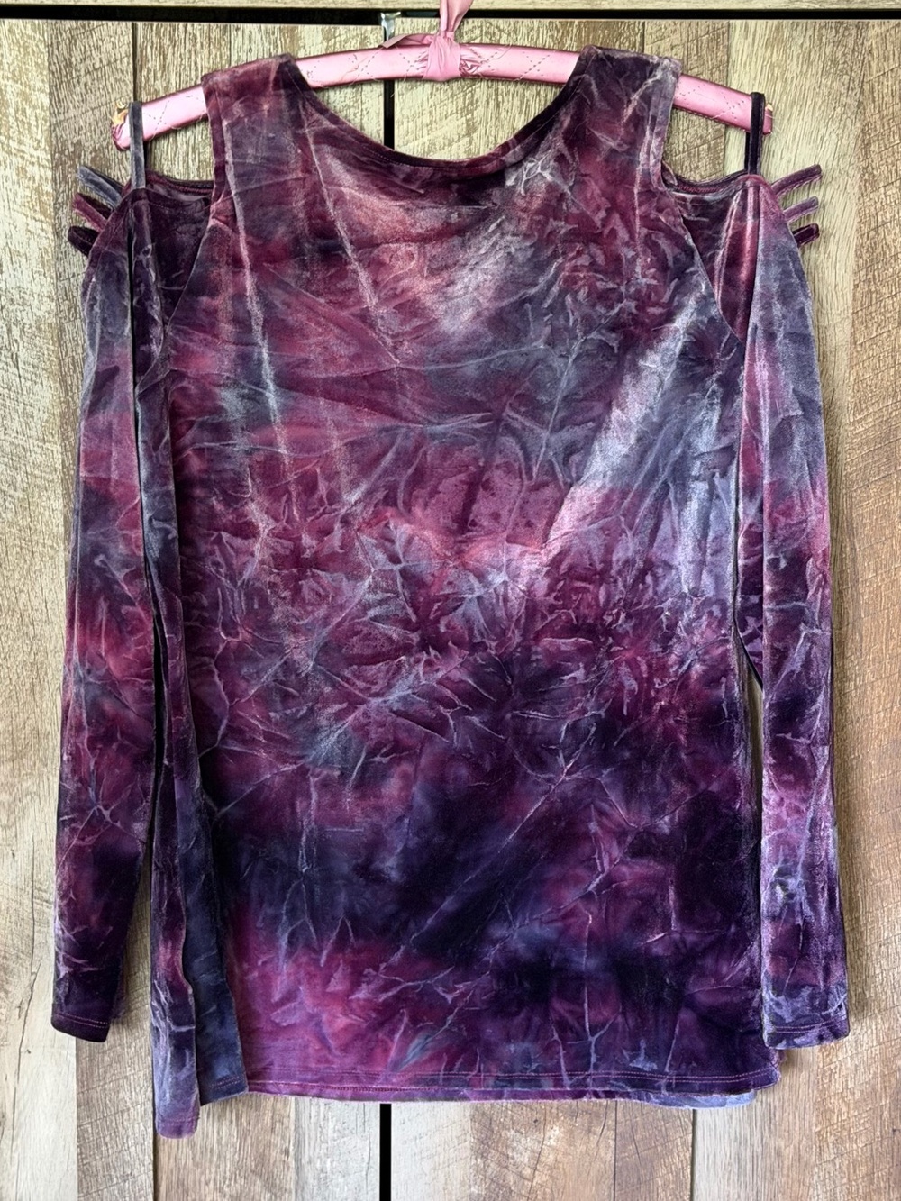 Women’s Purple Tie-Dye Crushed Velvet Cold-Shoulder Top - Picture 9 of 15